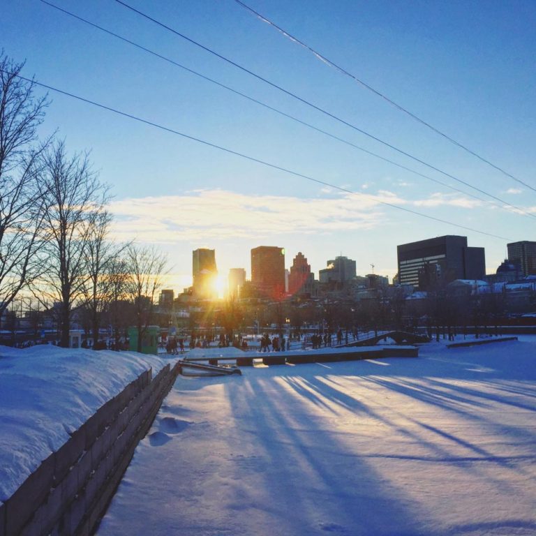 Vieux-Montréal au coucher de soleil, l'hiver
