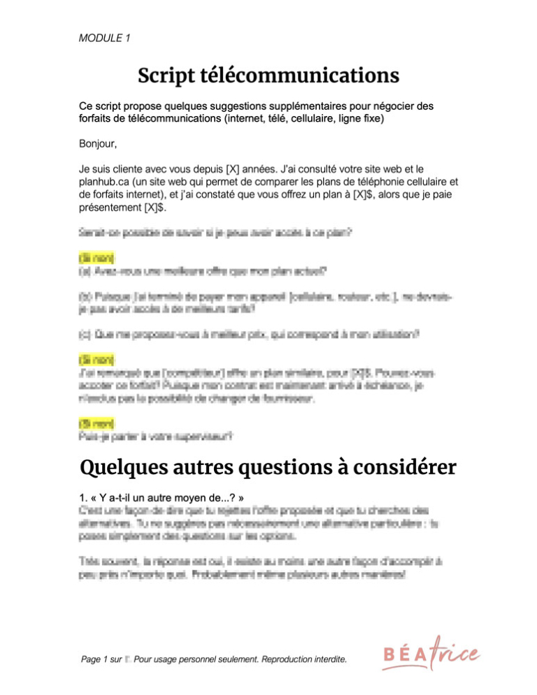 Script pour n&eacute;gocier