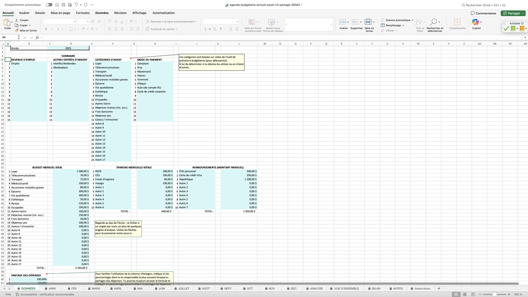 Capture d'écran Agenda budgétaire annuel