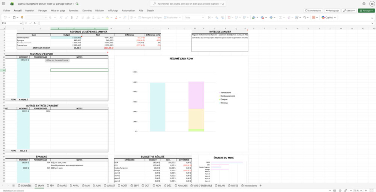 Capture d'&eacute;cran de l'agenda budg&eacute;taire annuel sur la version web gratuite d'Excel