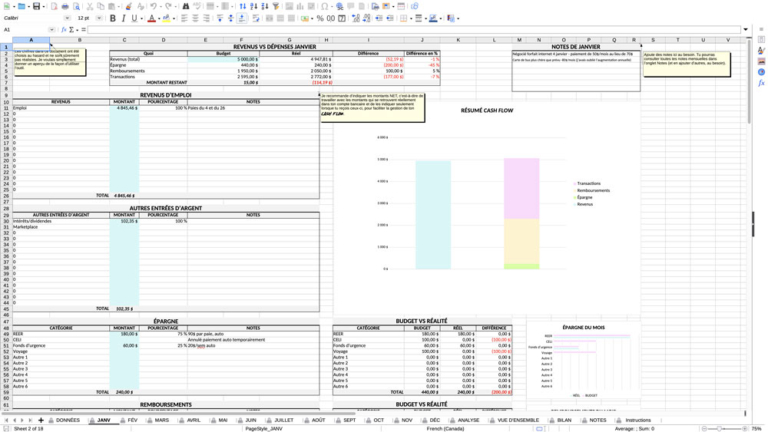 Capture d'&eacute;cran de l'agenda budg&eacute;taire annuel sur Calc de LibreOffice