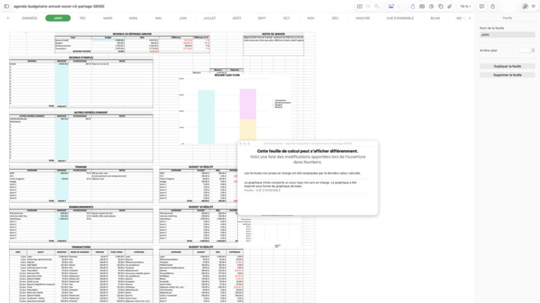 Capture d'&eacute;cran de l'agenda budg&eacute;taire annuel sur Numbers